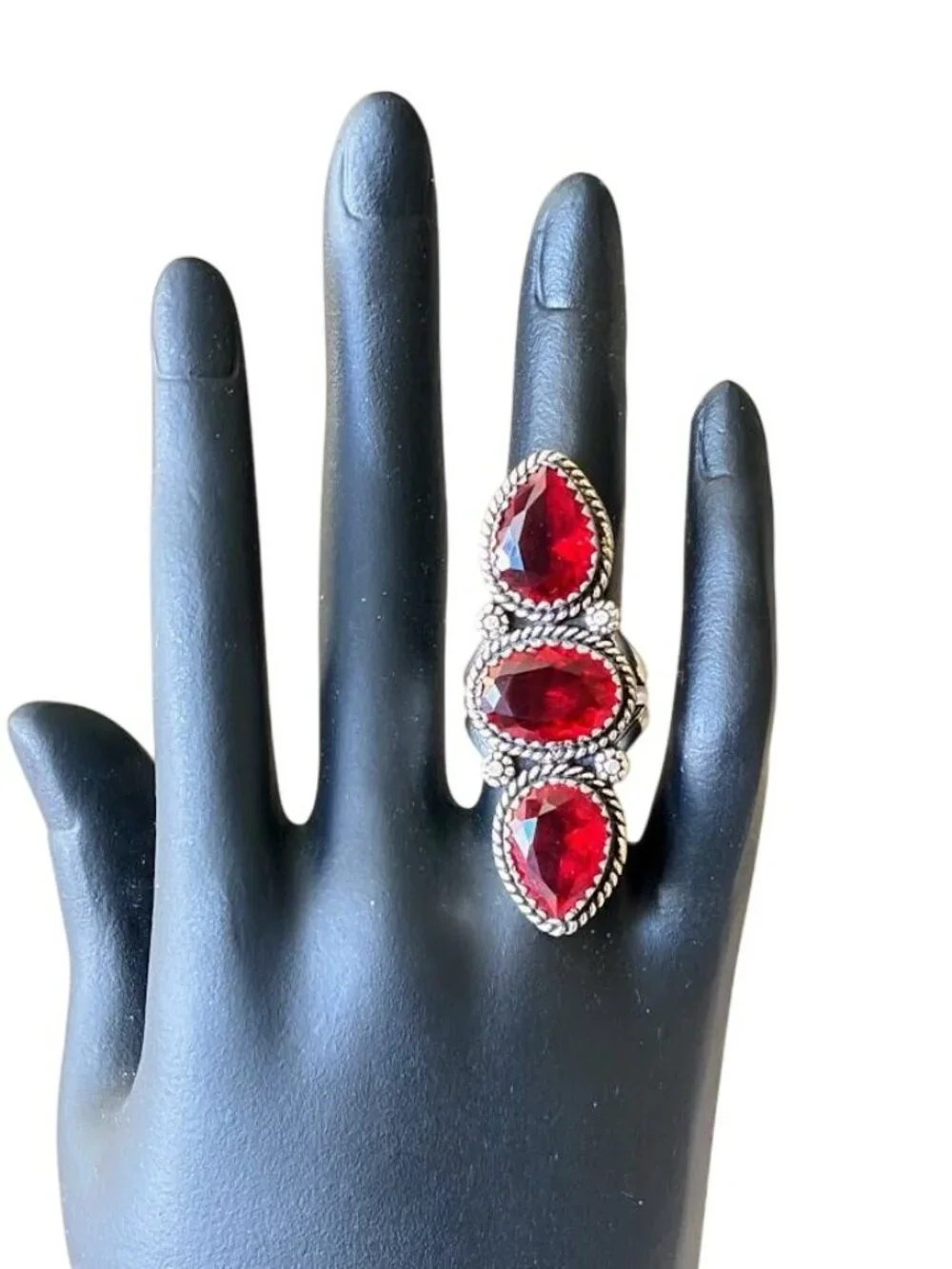 Simulated Garnet Three Stone Statement Ring 925 Silver Plated - Size 6.5